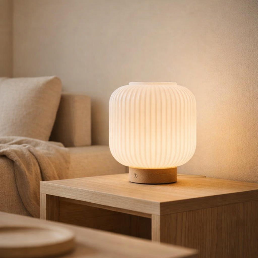 Lampe rechargeable unique Lyla marron clair en situation