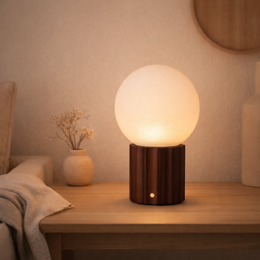 Lampe de table rechargeable Wim marron foncé en situation