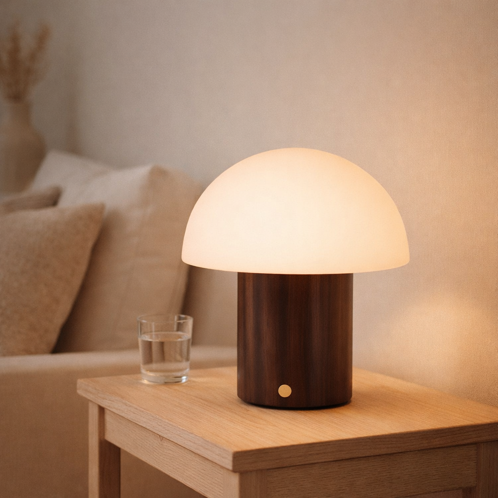 Lampe de table rechargeable Timo marron foncé en situation