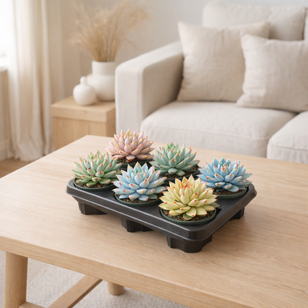 Echeveria Colored Splash Pastel Mix - 6 pièces - Ø10,5cm - ↕13cm en situation