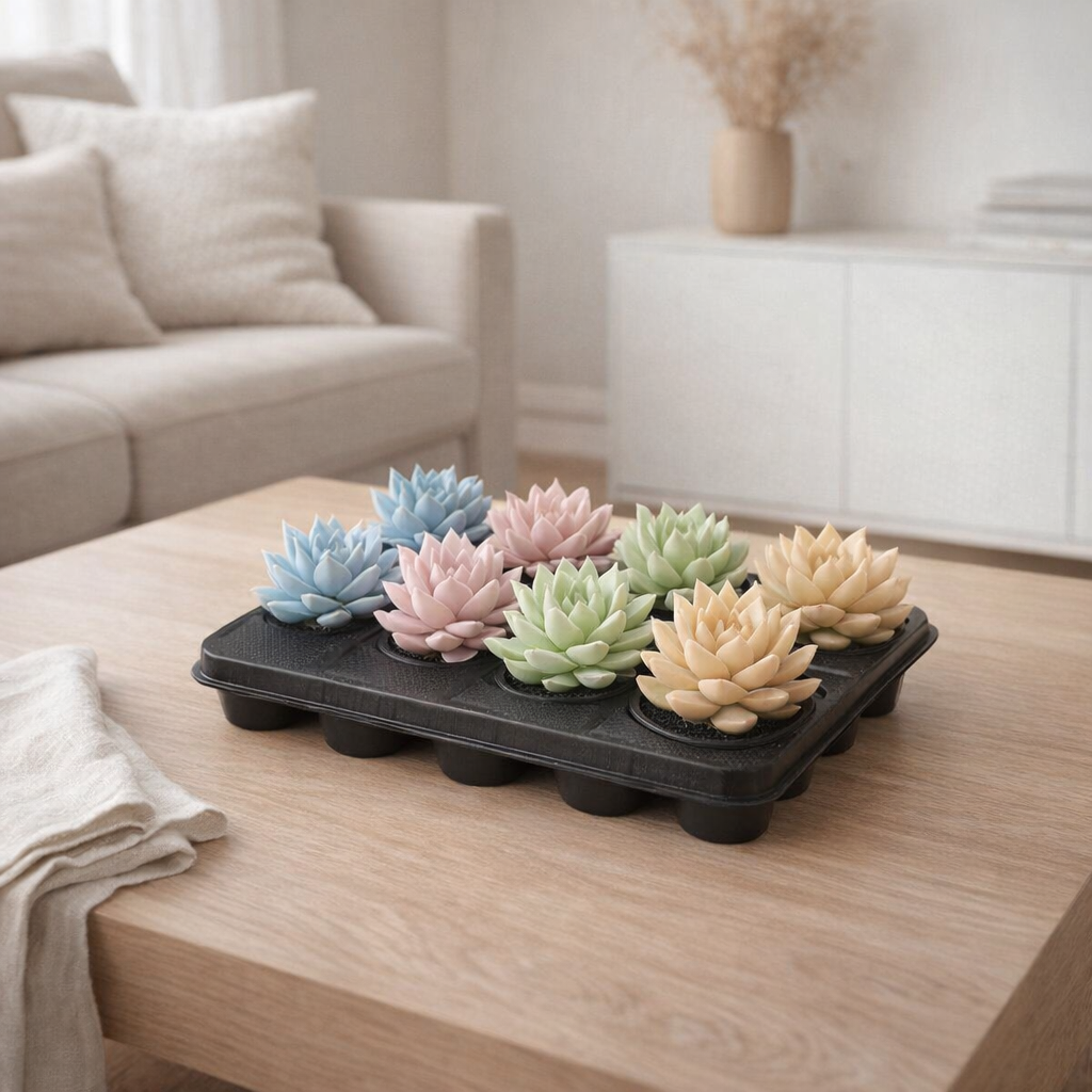 Lot de 16 echeverias pastel en résine en situation