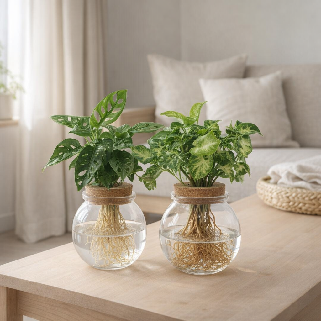 Duo Monstera Adansonii / Syngonium en verre boule - 2 pièces - Ø12 cm en situation