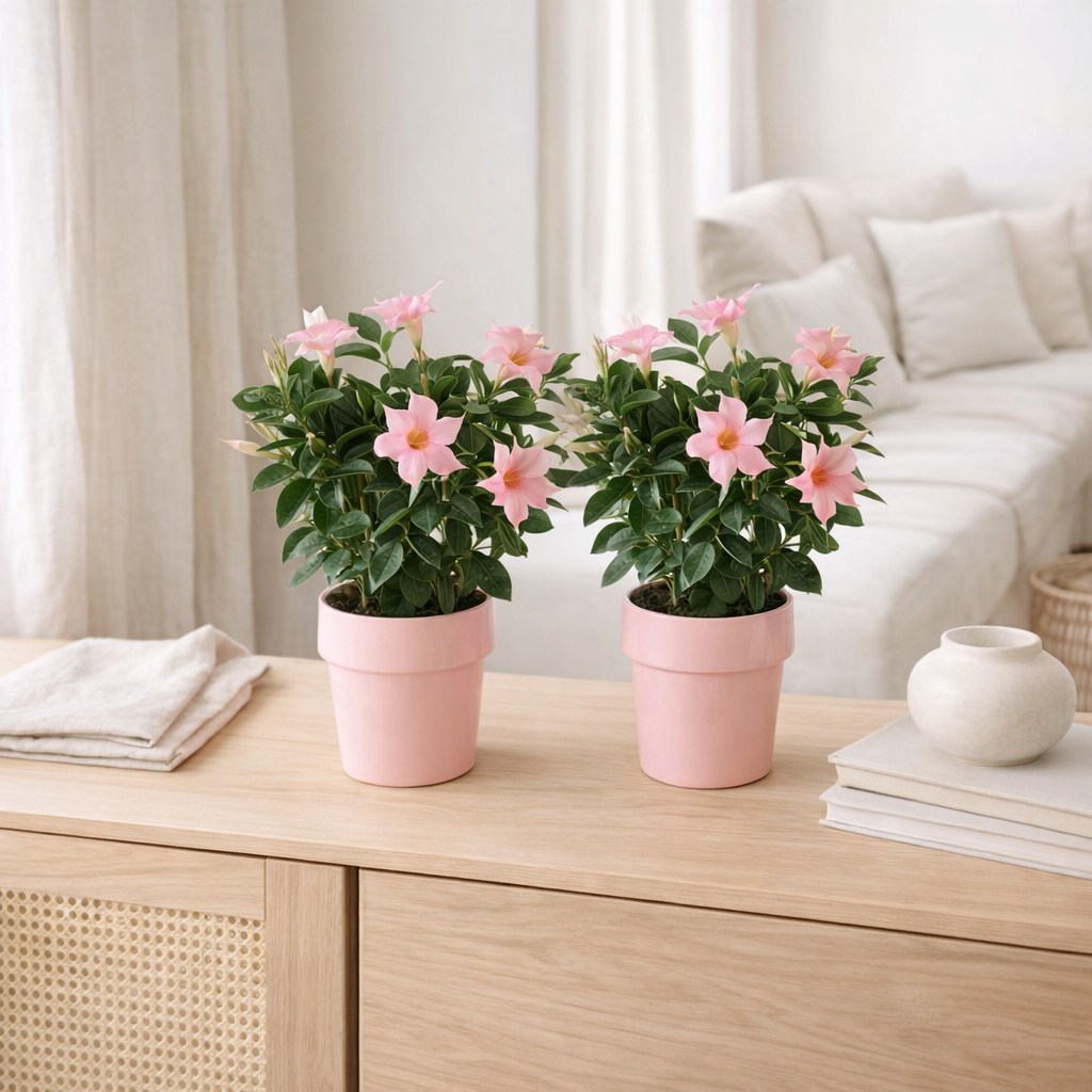 Lot de 2 mandevillas Sundaville crème rose Ø14 cm en situation