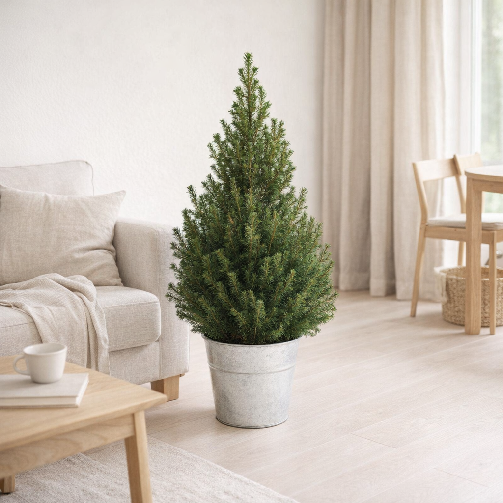 Sapin Picea Gl. 'Décembre' en pot zinc Ø21 cm en situation