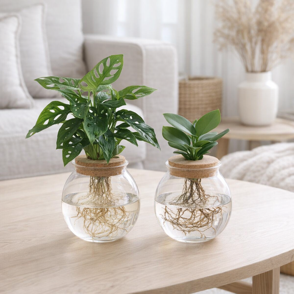 Bolglas Duo Monstera Adansonii/Clusia - 2 pièces - Ø12cm - ↕30 cm en situation