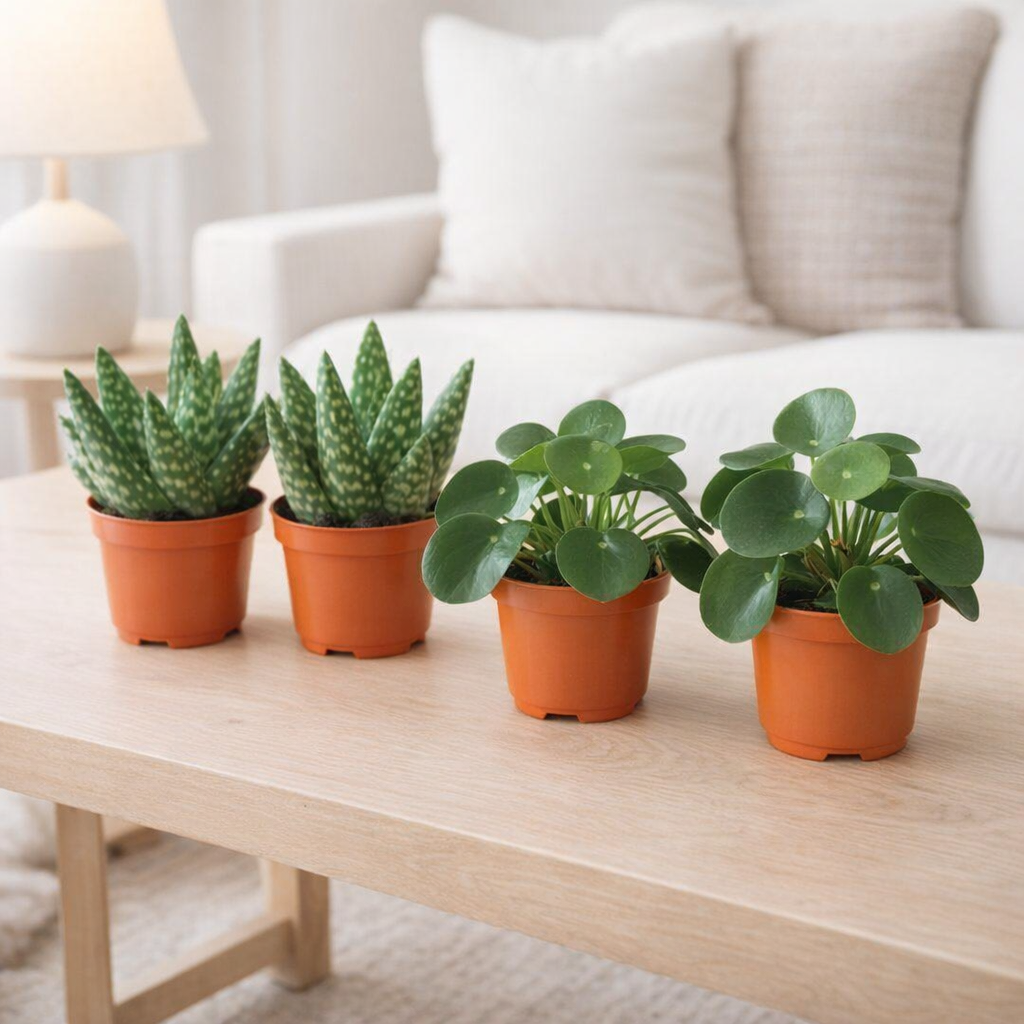 2x Aloe Paradisicum + 2x Pilea Peperomoides - 4 pièces - Ø10,5cm - ↕10cm en situation