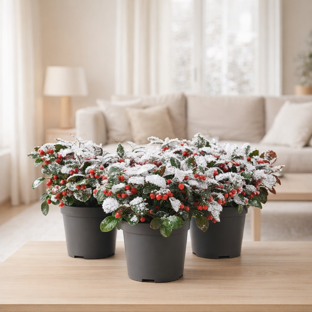 Gaultheria Pr. 'Big Berry' + Neige - 3 pièces - Ø10cm - ↕15cm en situation