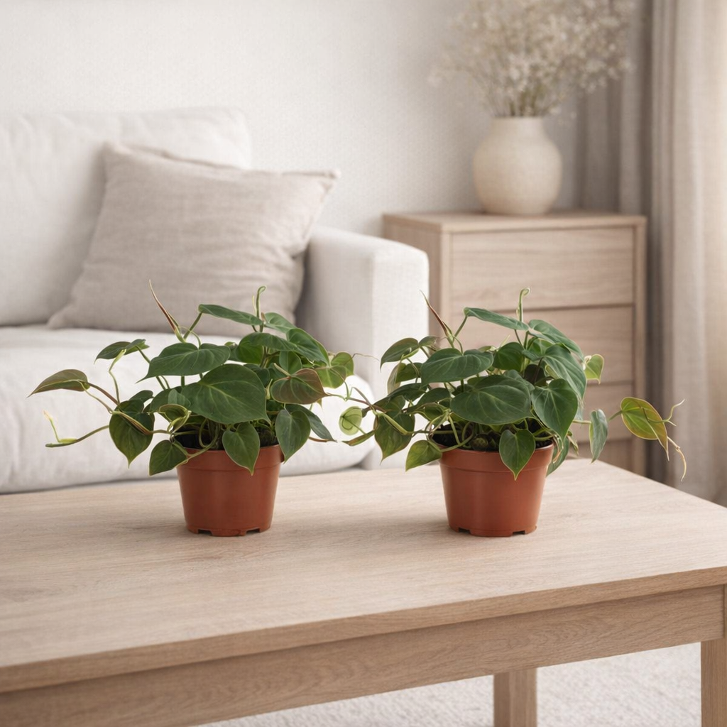 Vue rapprochée de deux philodendrons grimpants, soulignant leur élégance naturelle.