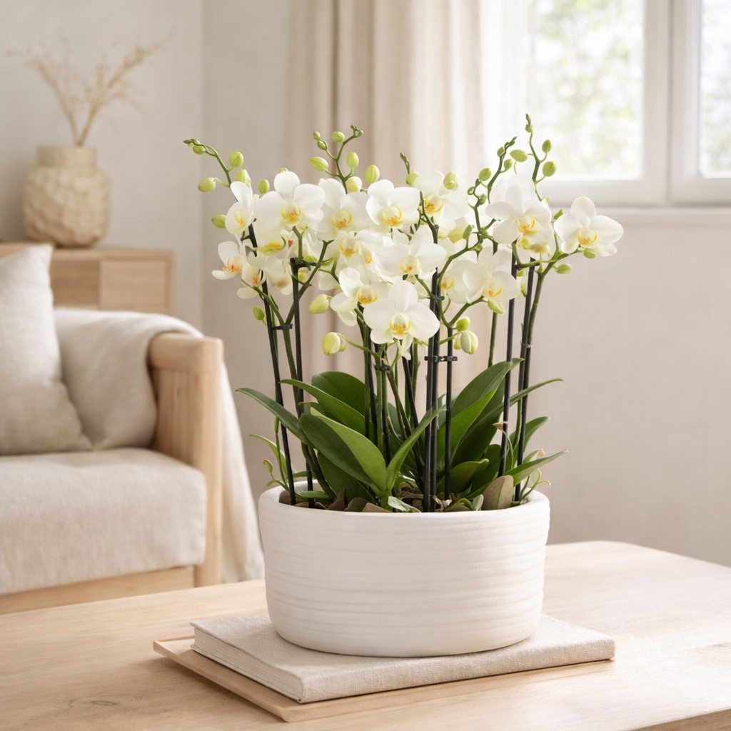 Orchidées Kolibri | Orchidées blanches set dans le plat de commo incl. Réservoir d'eau | Trois orchidées blanches Lausanne 9cm | Bouquet mono blanc avec réservoir d'eau époustouflante en situation