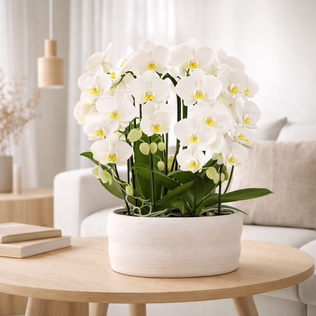 Orchidées de Colibl | Des orchidées blanches fixées dans le plat de commo incl. Réservoir d'eau | Trois orchidées blanches de Nigagara Falls 12cm | Mono Buquet blanc avec réservoir d'eau autonome en situation