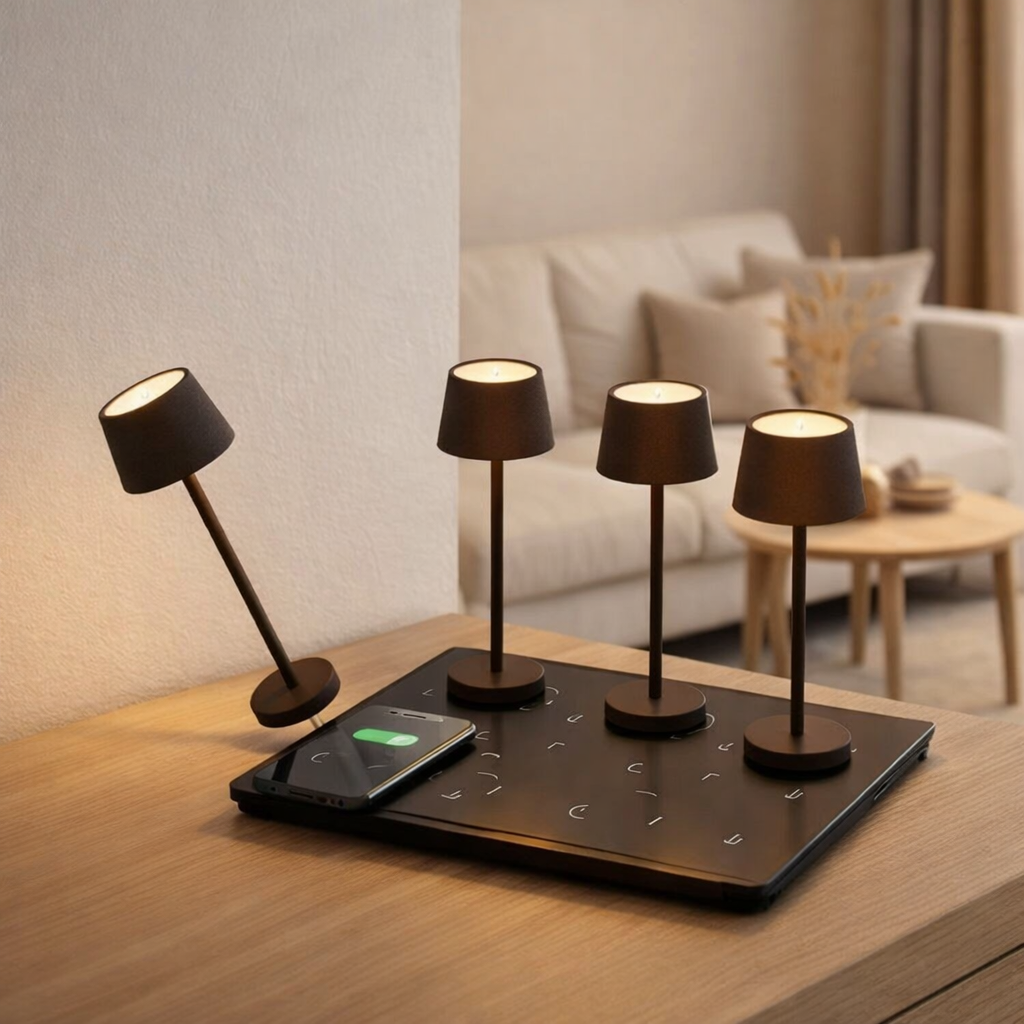 Ensemble combiné professionnel | 4 x Vondel Mini Moka Brown Lampes de table rechargeables et station de recharge en situation