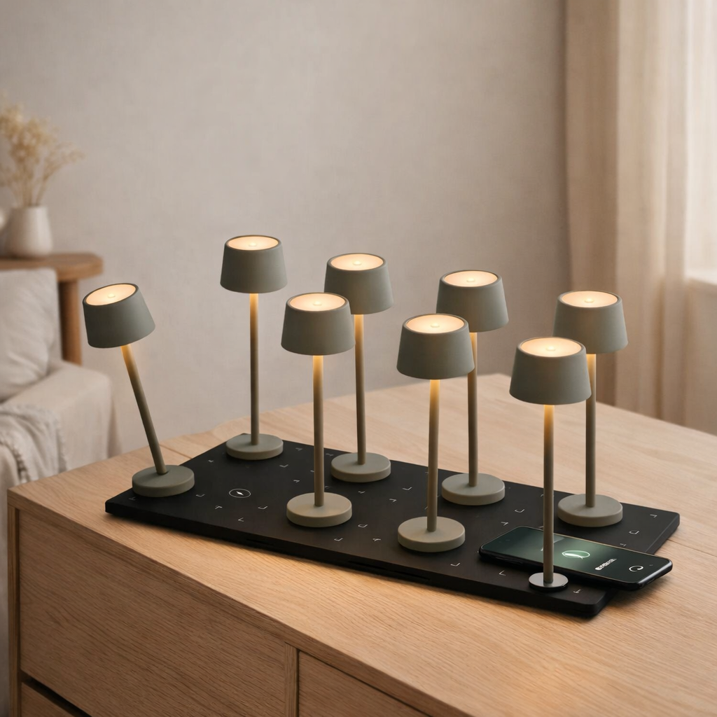 Ensemble combiné professionnel | 8 x Vondel Mini Mouse Grey Lampes de table rechargeables et station de charge en situation