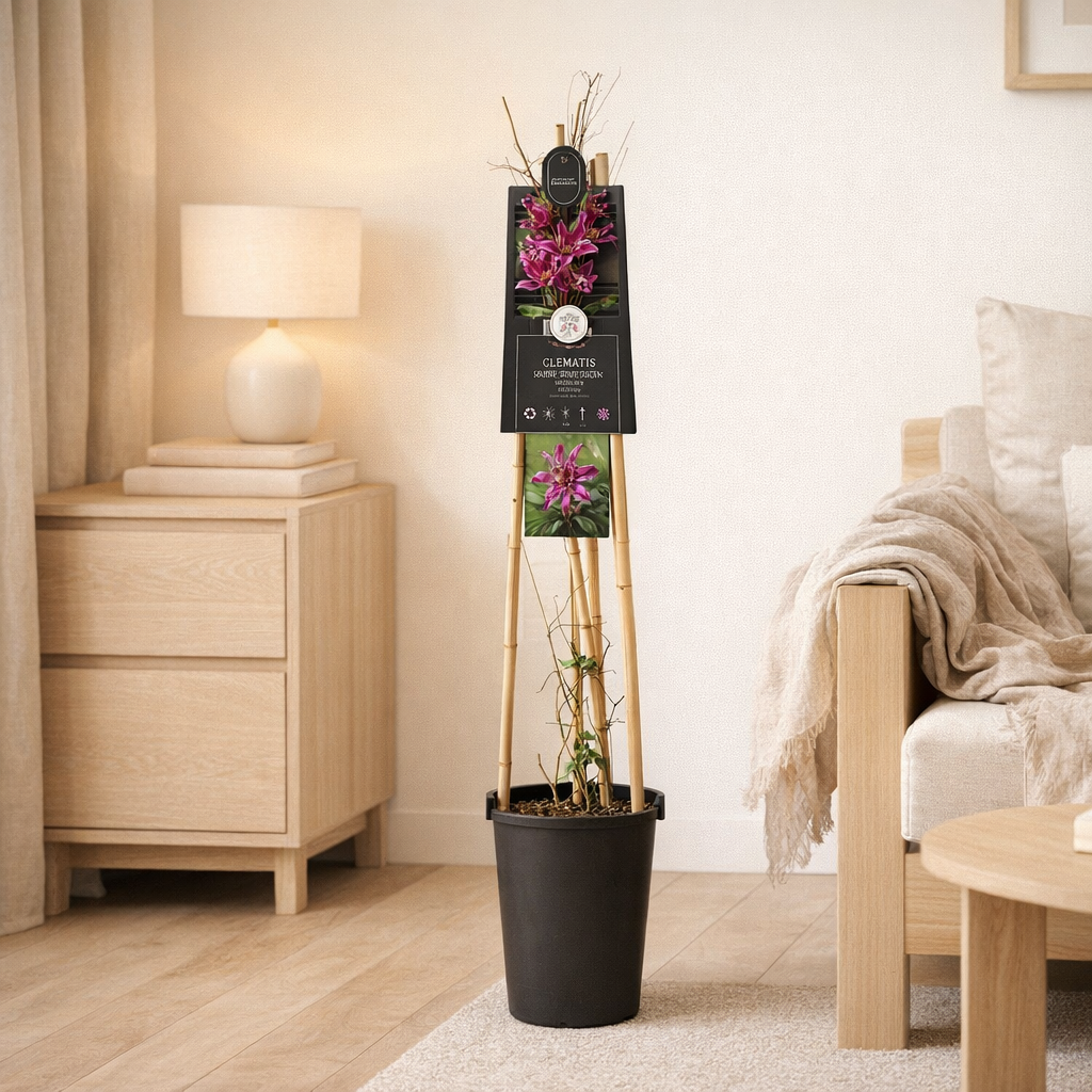 Clématite viticella 'Rosalyn' - Ø17 cm - ↕75 cm en situation