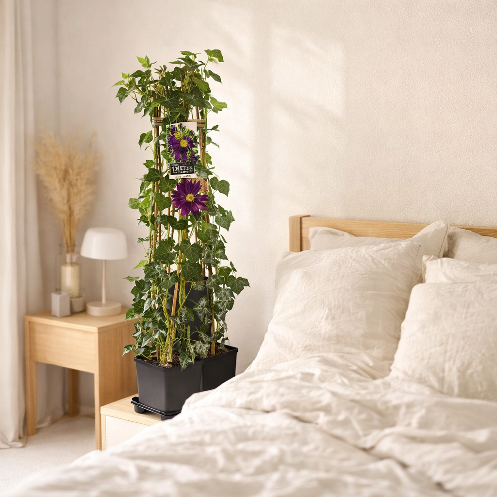 1 M. Mélange de confidentialité Hedera + Clematis 'Romantika' + Label - Ø17cm - ↕90cm en situation