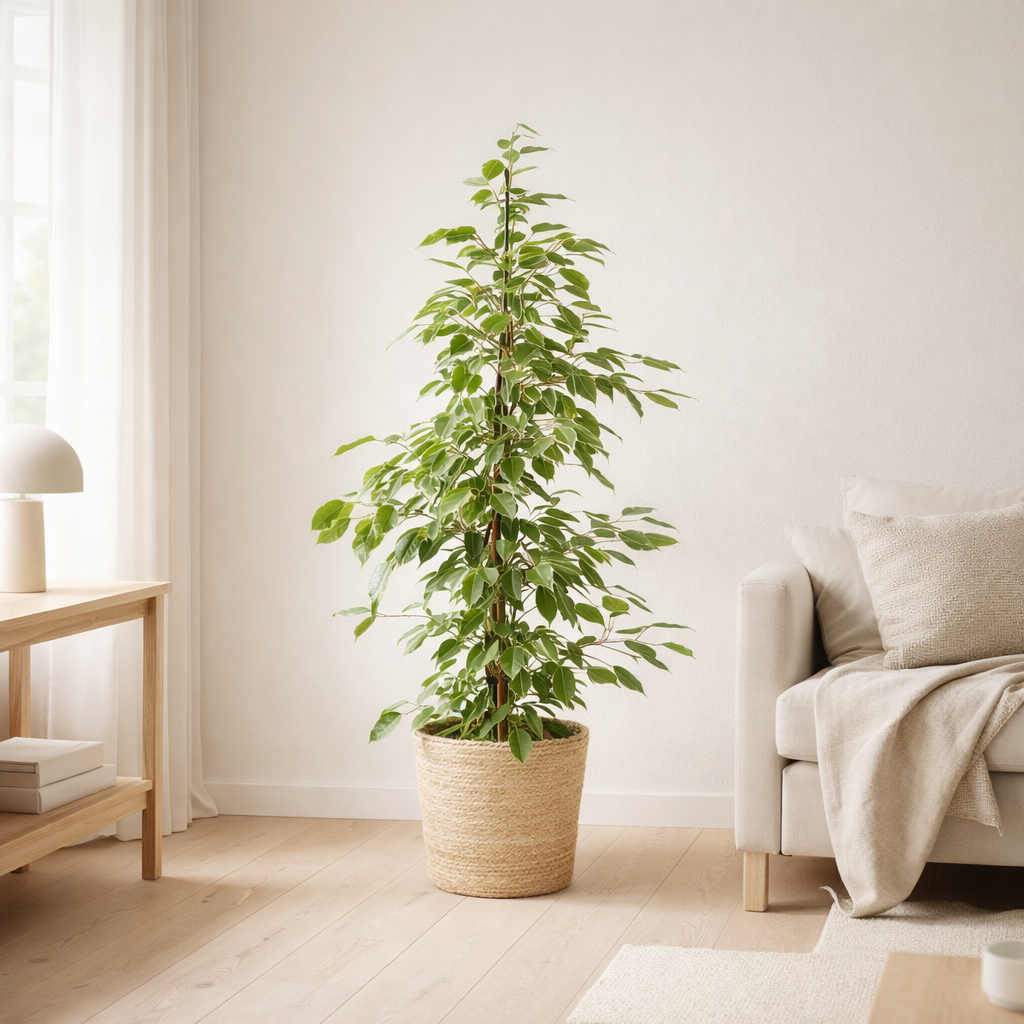 Ficus Benjamina Goldenking - Ø21cm - ↕95cm + mand Selin en situation