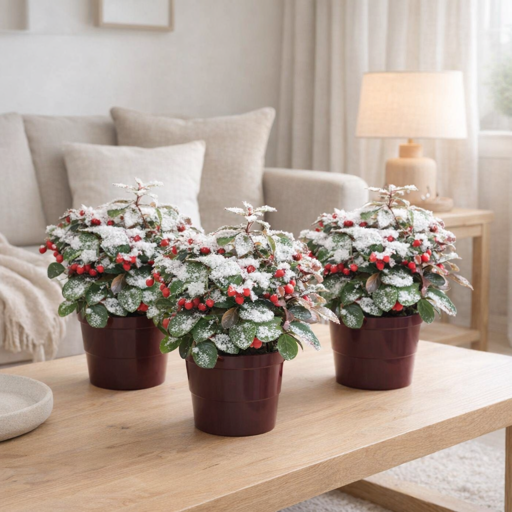 Lot de 3 Gaultheria 'Big Berry' rouge et verte en situation