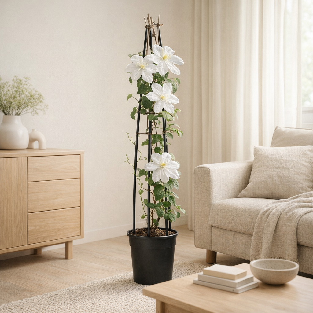 Clematis 'Madame le Coultre' + Light Label - Ø23cm - ↕115cm en situation
