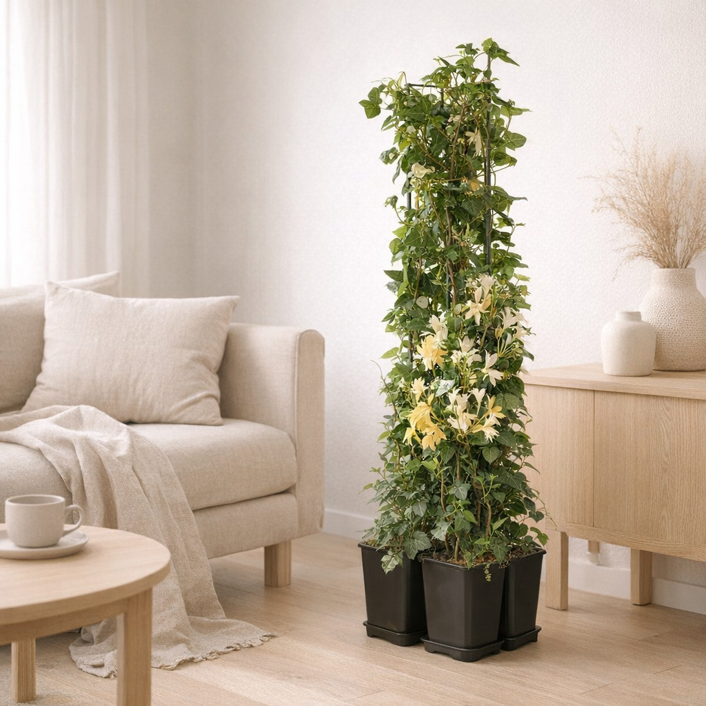 Mélange de plantes Hedera et Clématite Hall's Prolific en pot Ø17 cm hauteur 90 cm en situation