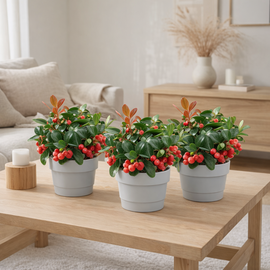 Gaultheria Pr. 'Big Berry' + Pot Basic Blanc - 3 pièces - Ø10cm - ↕15cm en situation