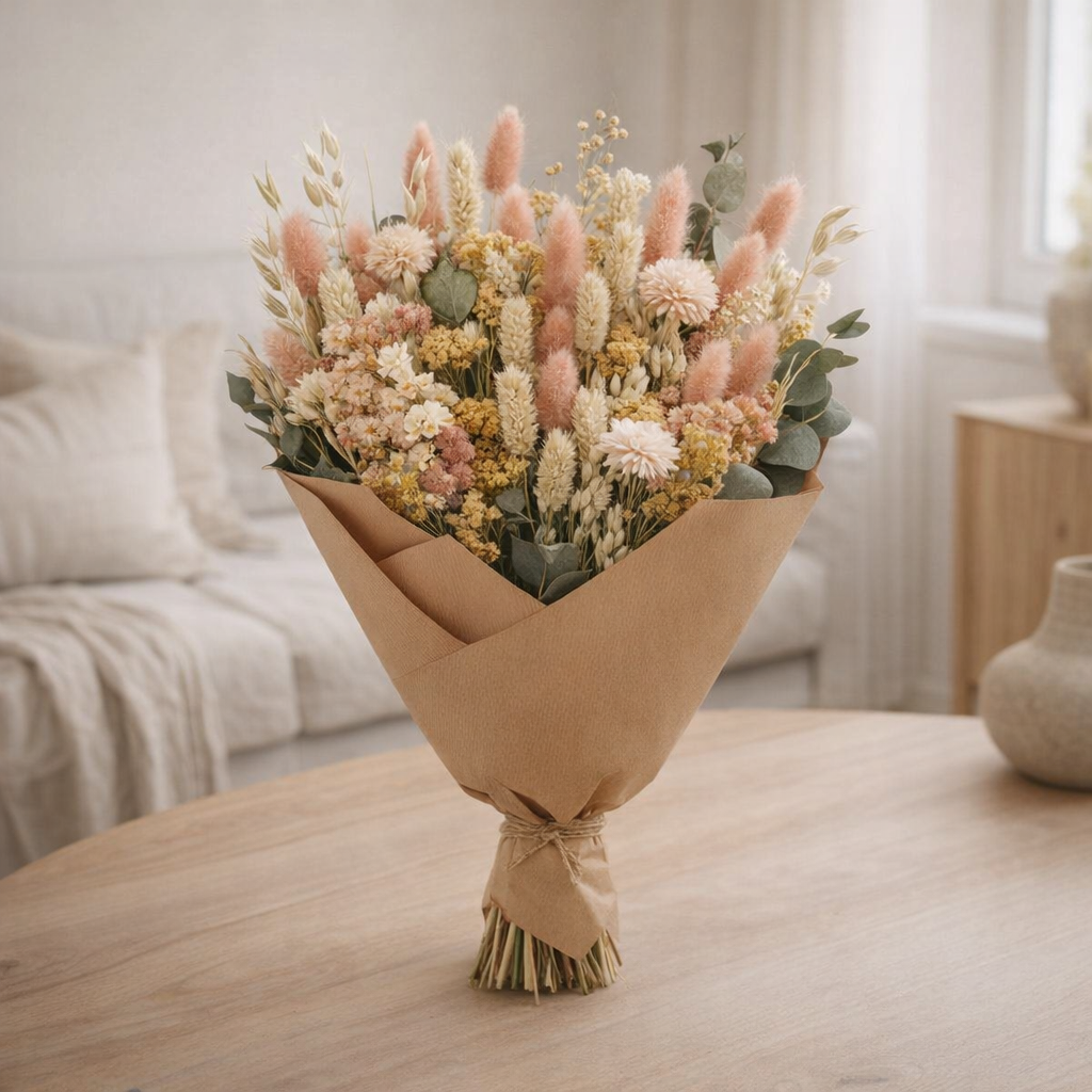 Bouquet classique de fleurs séchées naturel hauteur 60 cm en situation