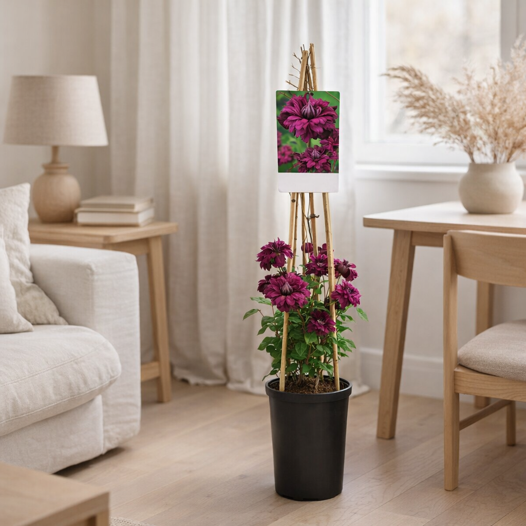 Clematis vit. 'Purp. Étiquette de P. Elegans + Light - Ø17cm - ↕75cm en situation