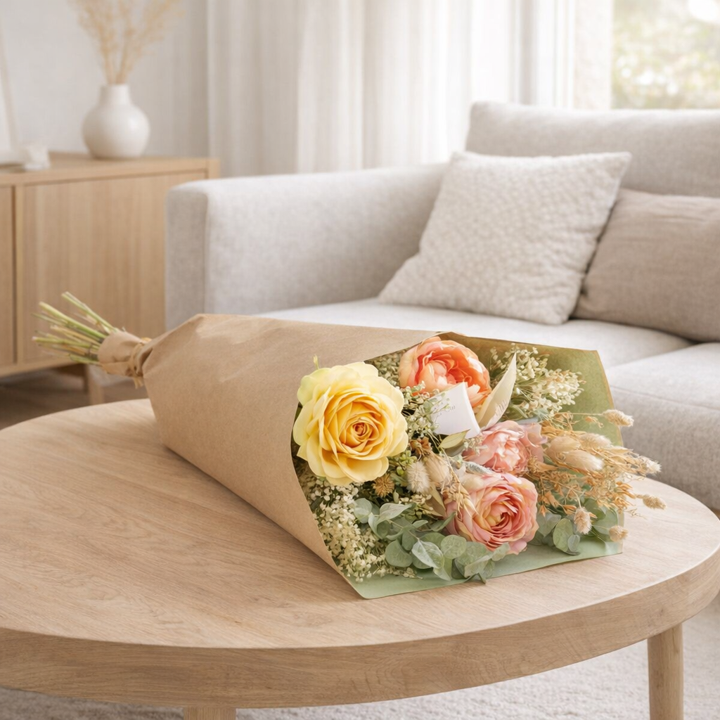 Fleurs sèches et soie - séchée et soie - rêve pastel - ↕55cm en situation