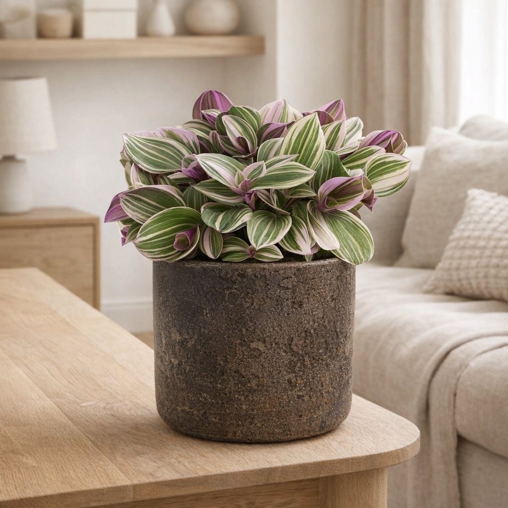 Tradescantia Nanouk - Ø15 cm - ↕25 cm + cache-pot maille marron 16x14 cm en situation