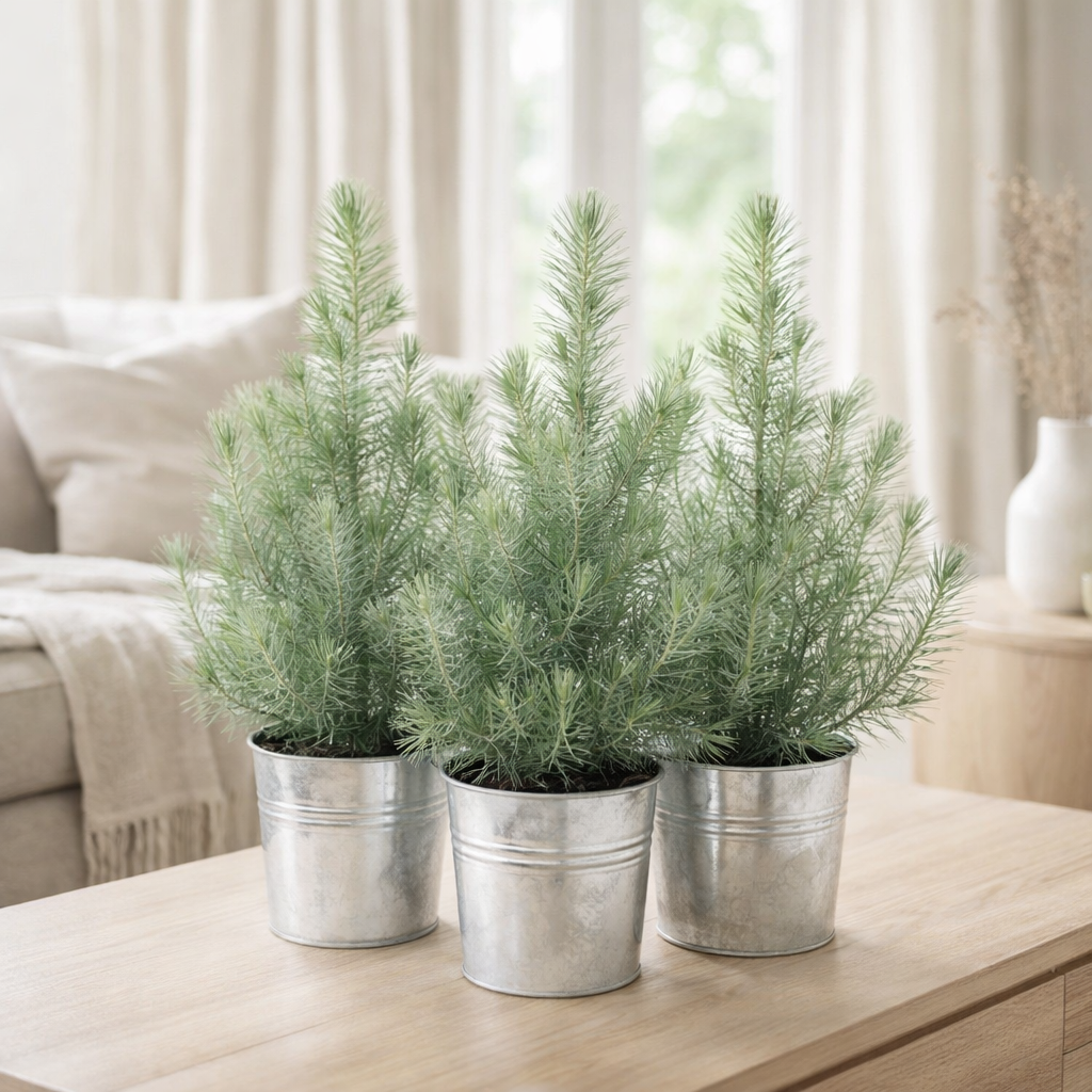 Pinus Pinea 'Silver Crest + Pot Zinc - 3 pièces - Ø17cm - ↕45cm en situation