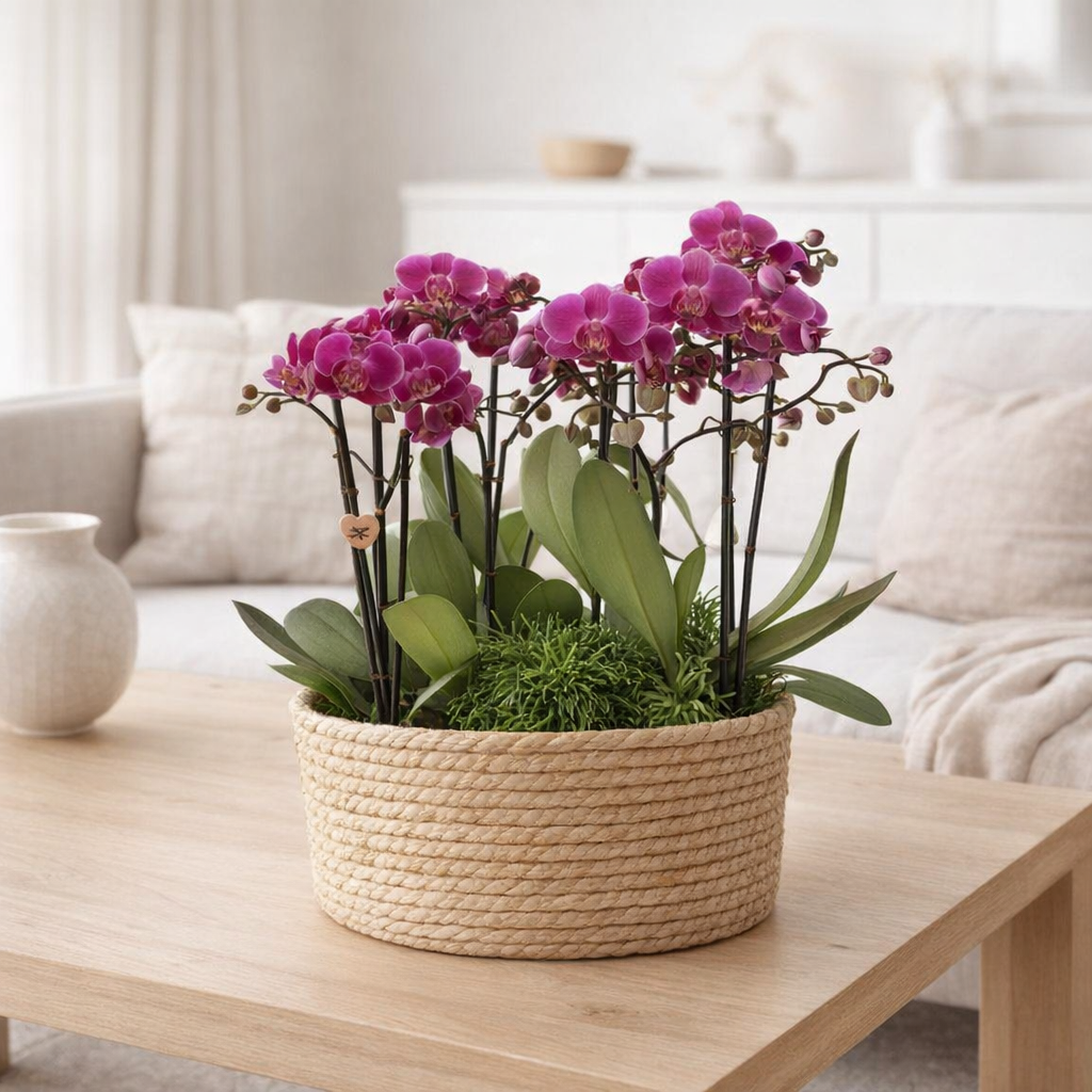 Bouquet d'orchidées violettes et plantes vertes en panier 35 cm en situation