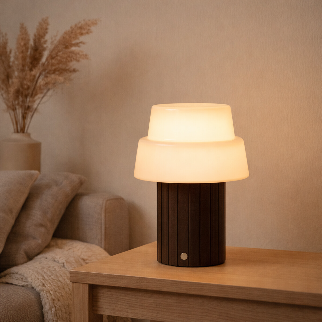 Lampe de table rechargeable Lio marron foncé en situation
