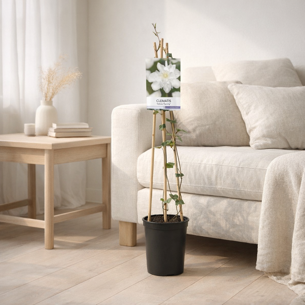 Clematis 'Sylvia Denny' + Light Label - Ø17cm - ↕75cm en situation