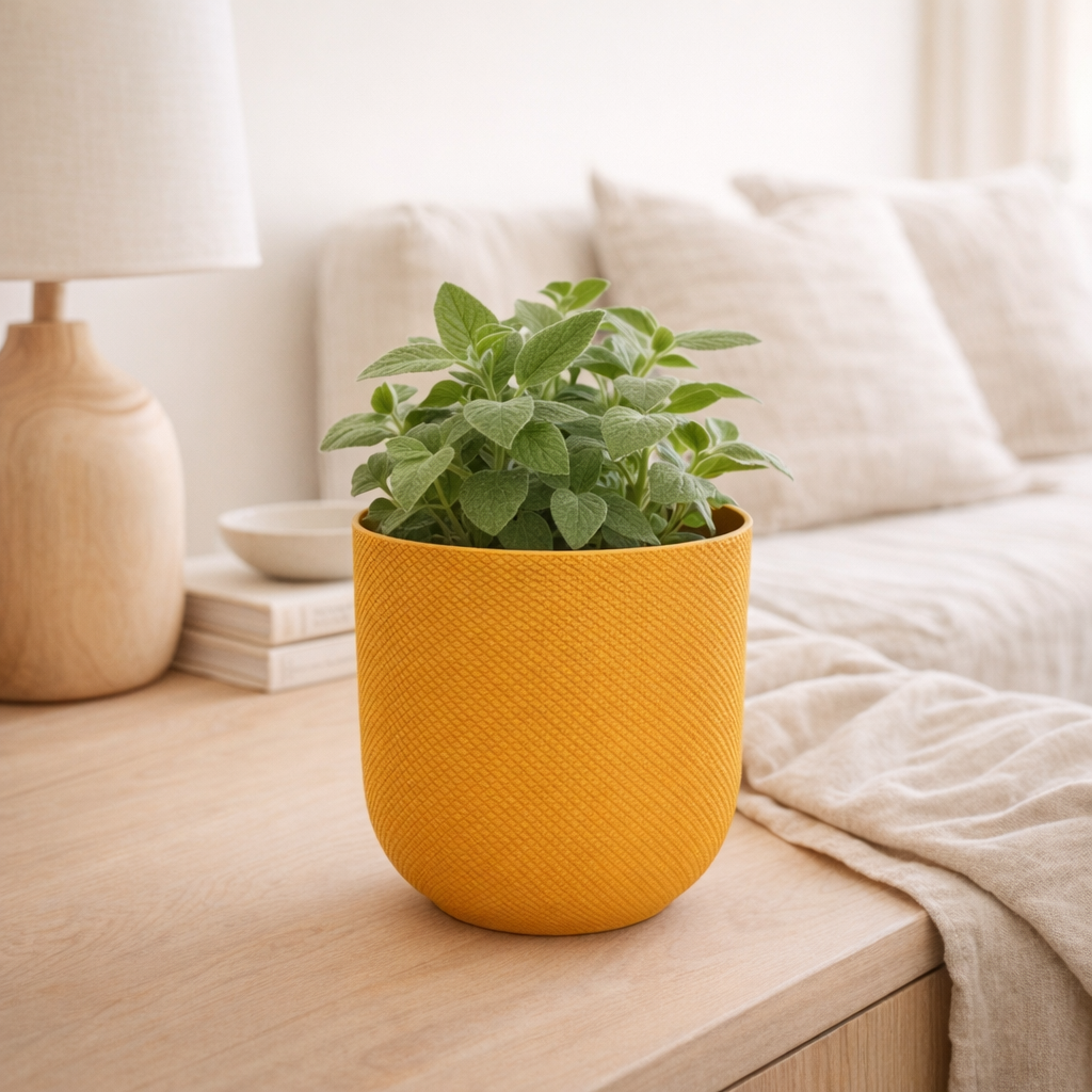 Cache-pot rond en plastique jaune ambre en situation