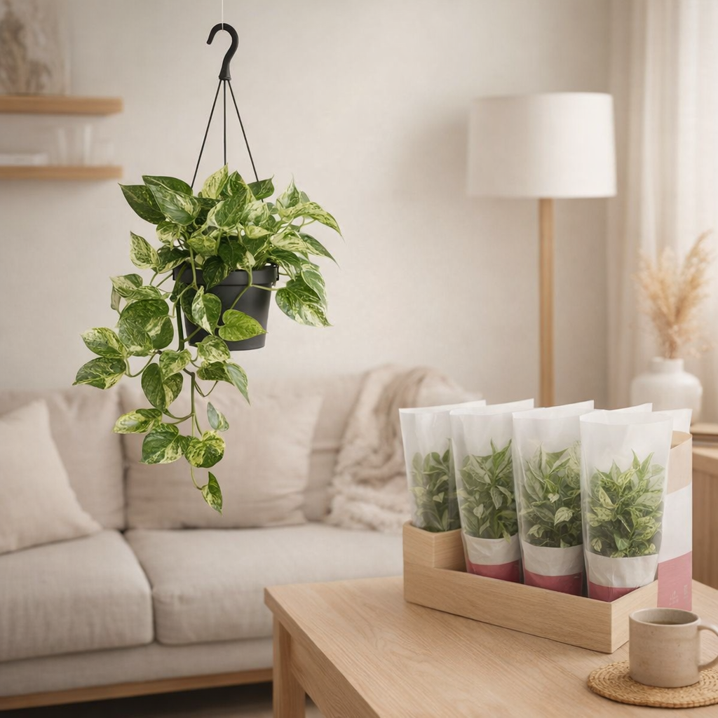 Epipremnum Pinnatum 'Marble Queen' (Hang) Moins plasic - Ø15cm - ↕cm en situation