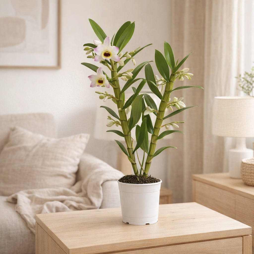 Dendrobium Nobile Sunny Eyes 2 Stam 12+ Tros de Hoog - Ø12cm - ↕50cm en situation