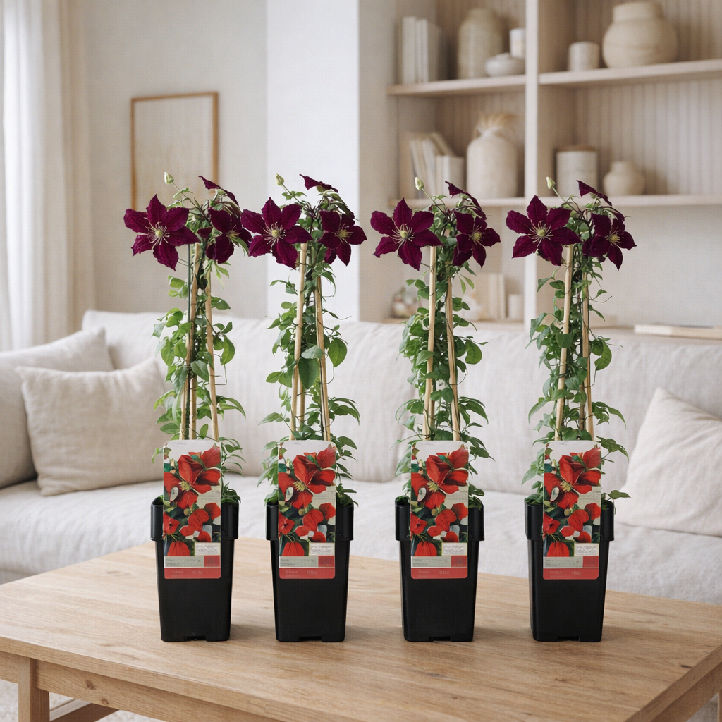 4x - Clematis niobe - ↨65cm - Ø15 en situation