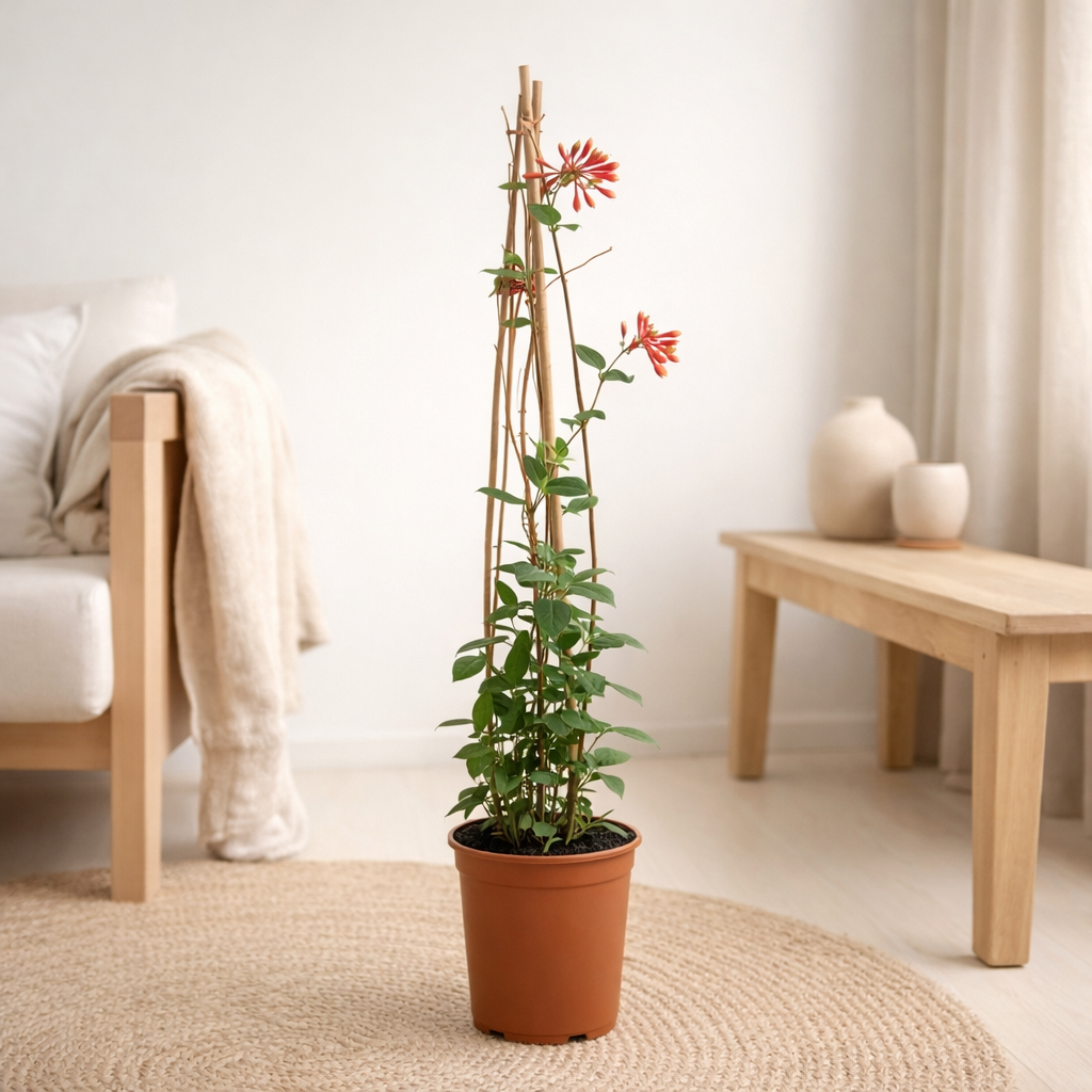3x - Lonicera Brownii 'Dropmore Scarlet' - ↨65cm - Ø15 en situation