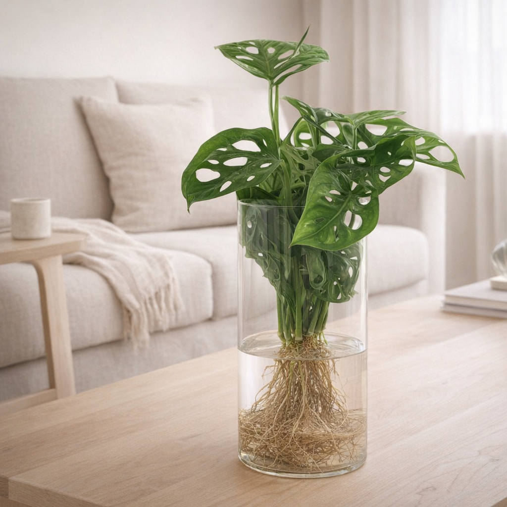Monstera en cylindre en verre vert en situation
