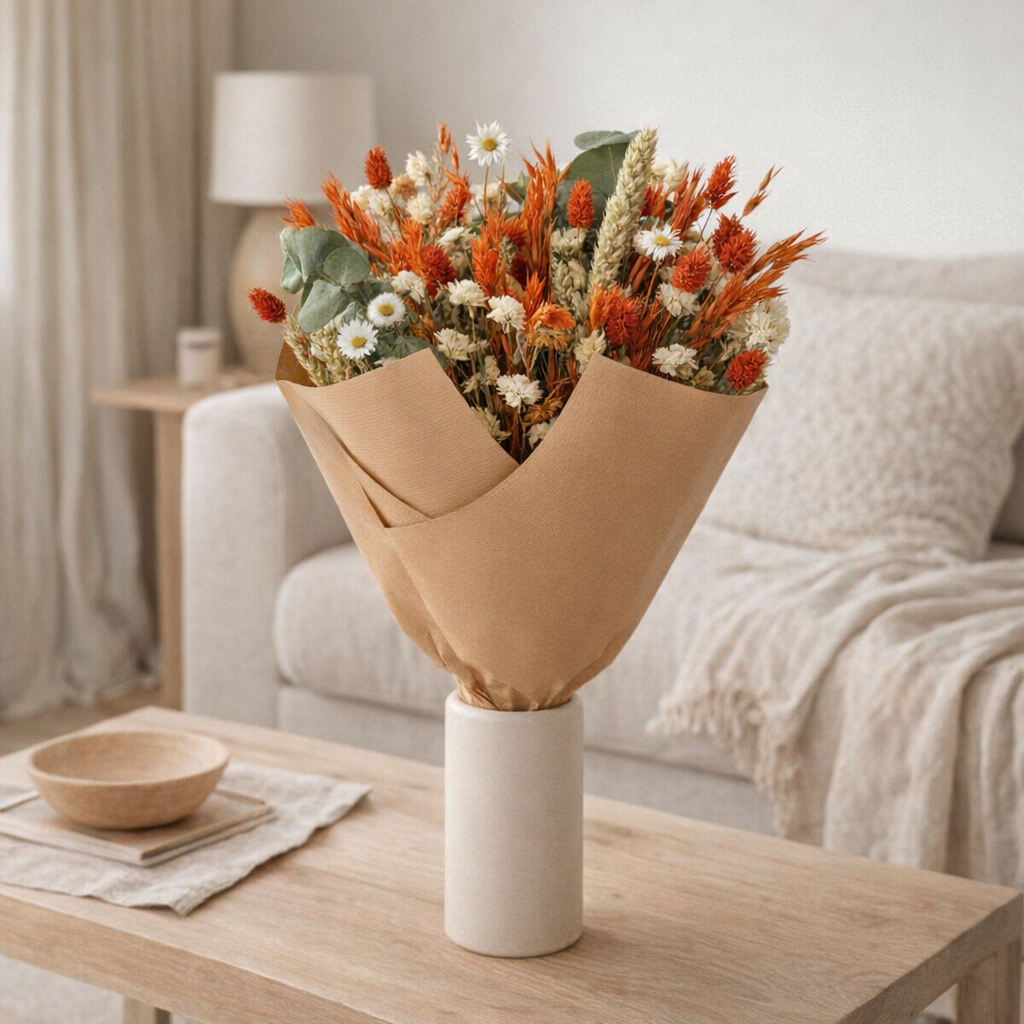Bouquet classique de fleurs sèches orange en situation