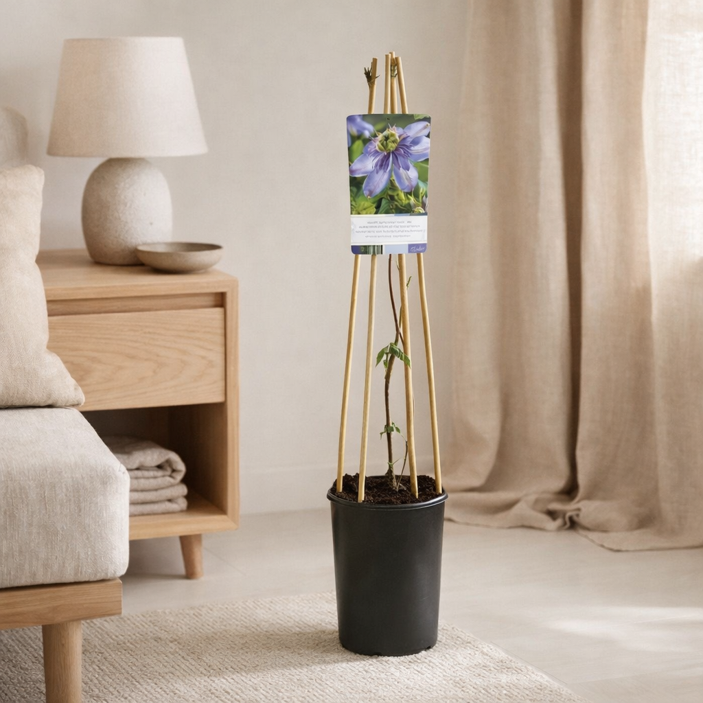 Clematis 'Blue Light' PBR + Light Label - Ø17cm - ↕75cm en situation