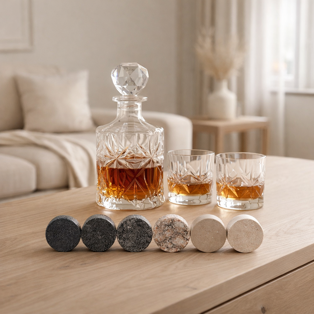 Whiskey Decanter With Glasses & Chilling Stones Gift Set en situation