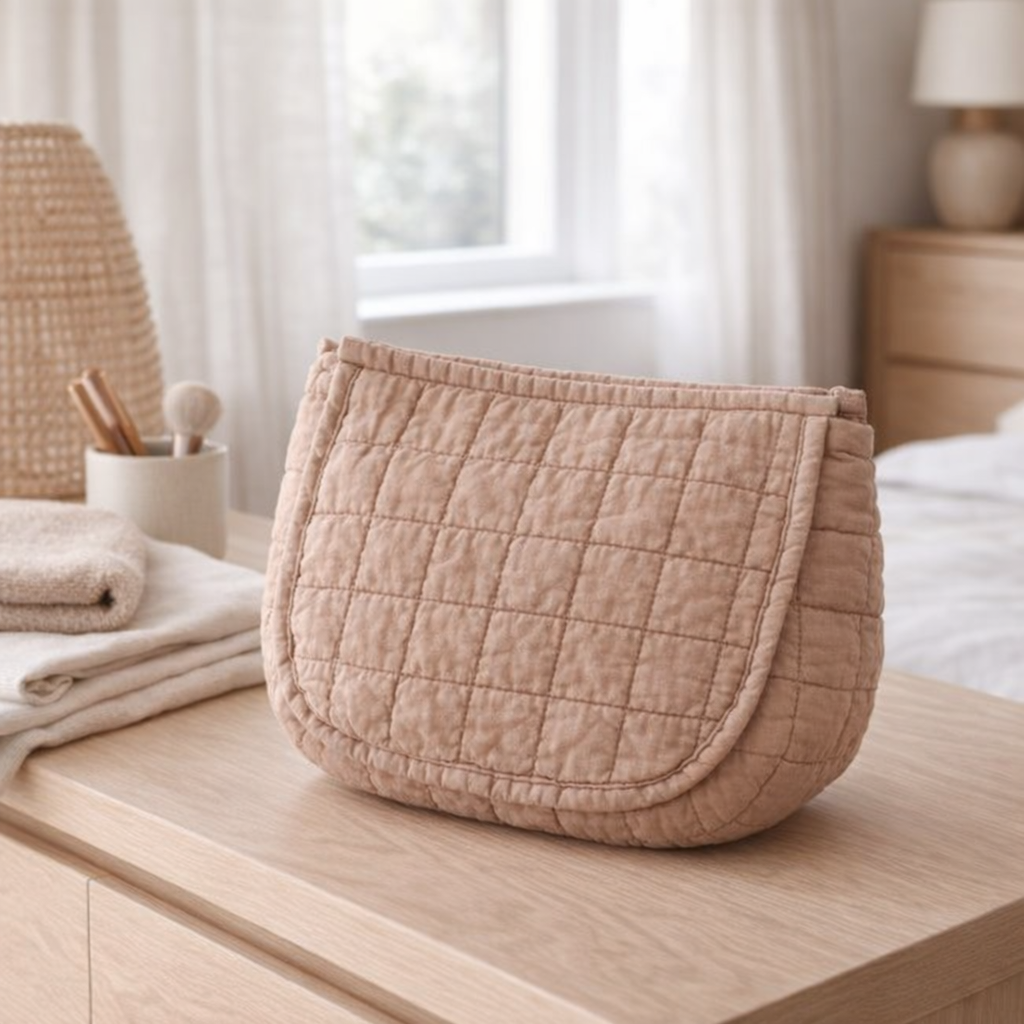 Trousse de toilette matelassée Charlotte vieux rose en situation