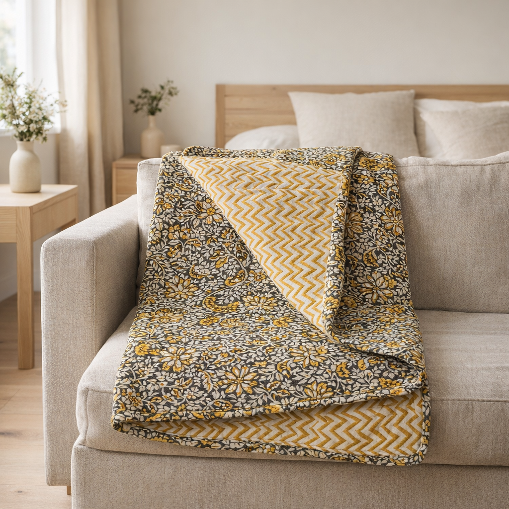 Plaid en coton moutarde en situation
