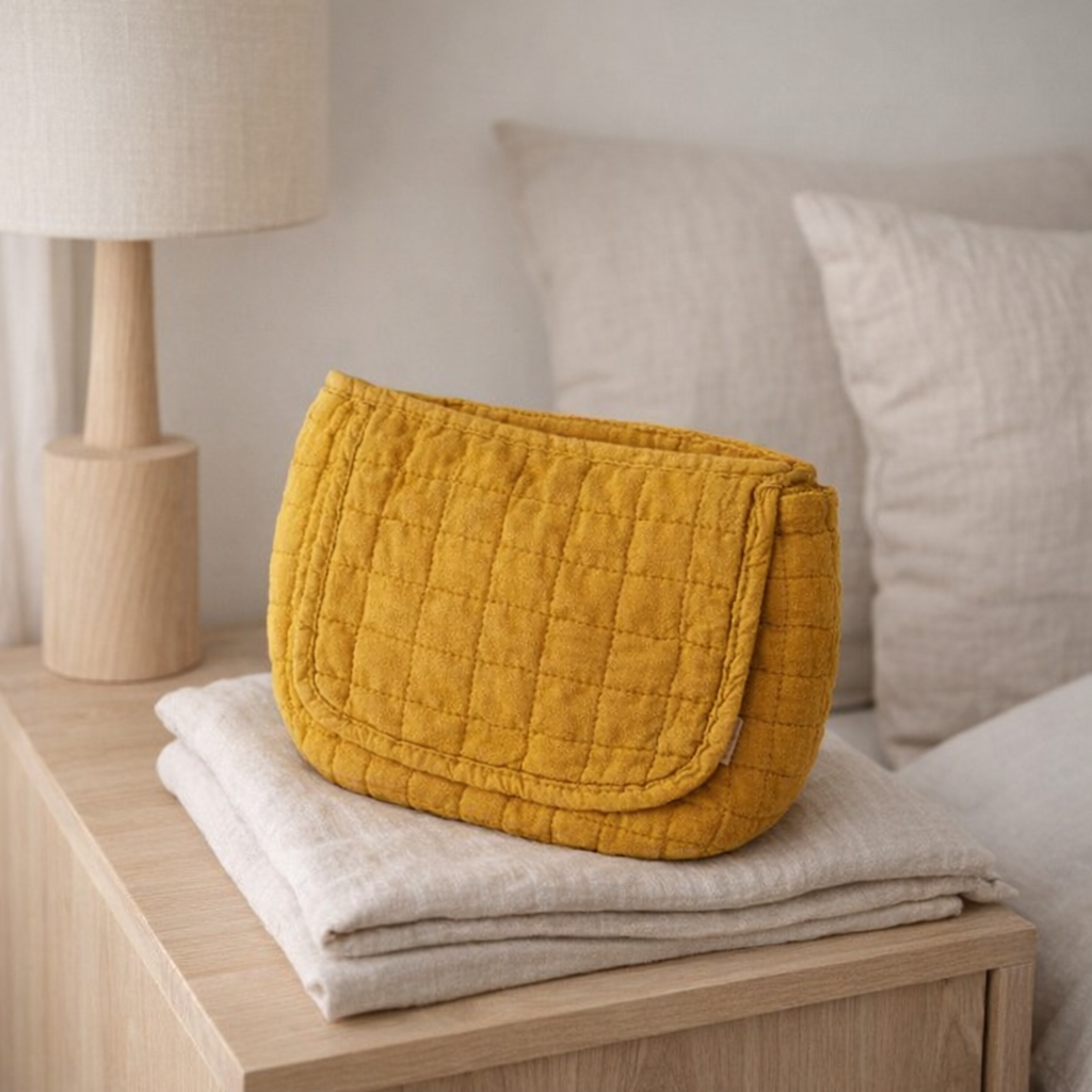 Trousse de toilette matelassée Charlotte ocre en situation