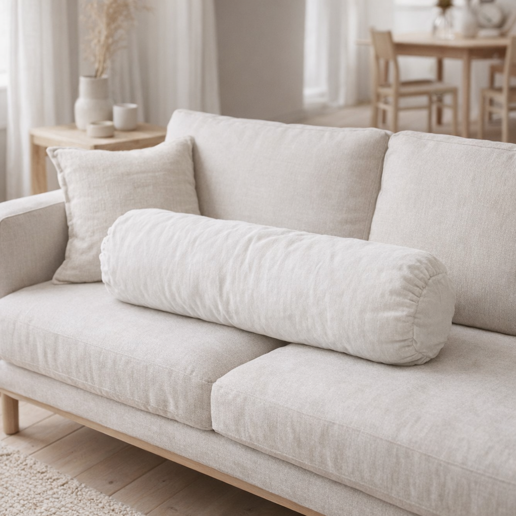Coussin en rouleau de lin blanc pur 60x20 en situation
