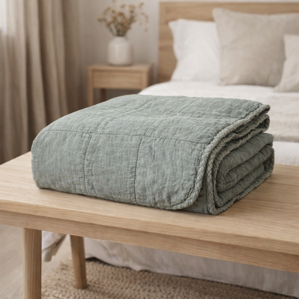 Plaid coton matelassé Charlotte vieux vert 70x240 en situation