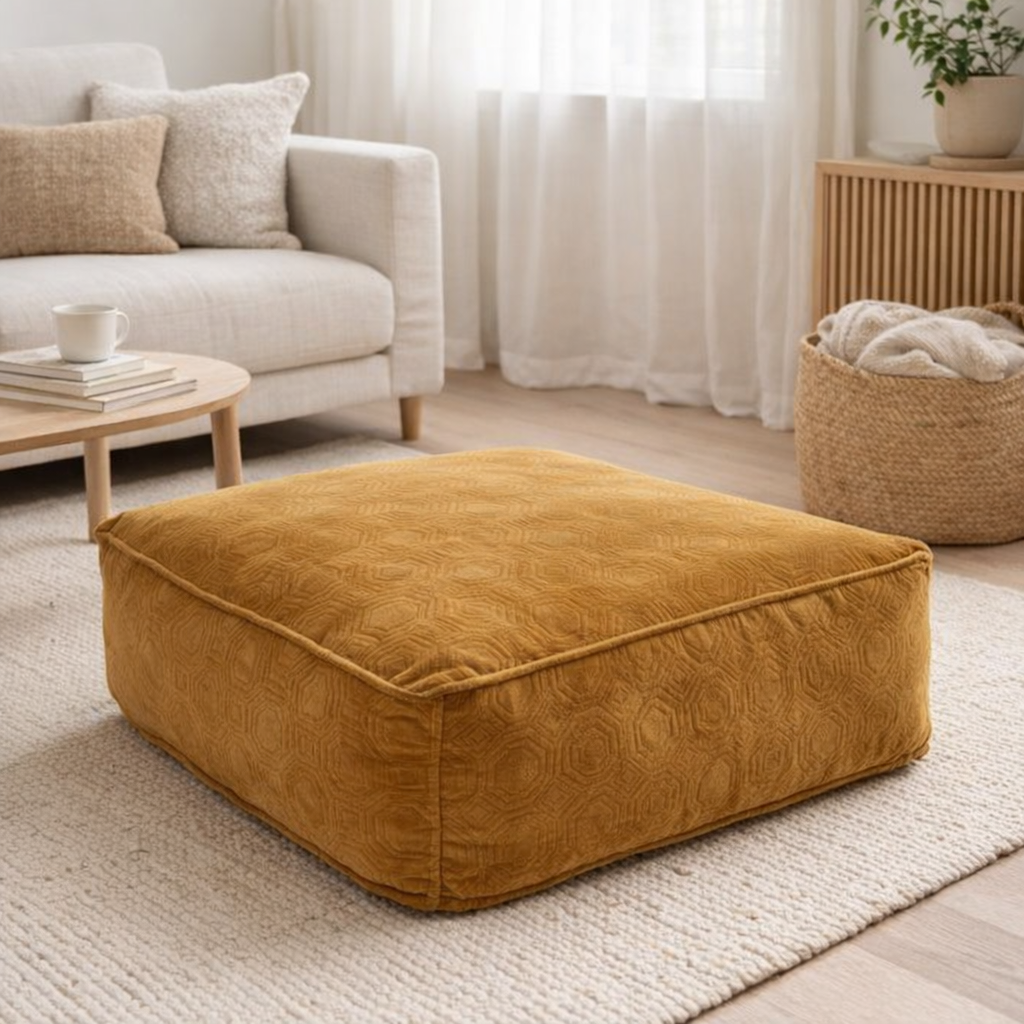 Coussin de sol en velours Donna moutarde 65x65x25 en situation
