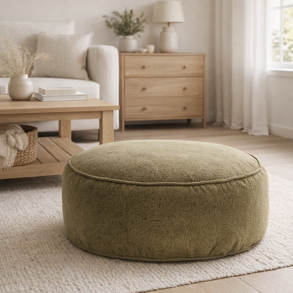Coussin de sol en velours Delfna olive 65x25 en situation