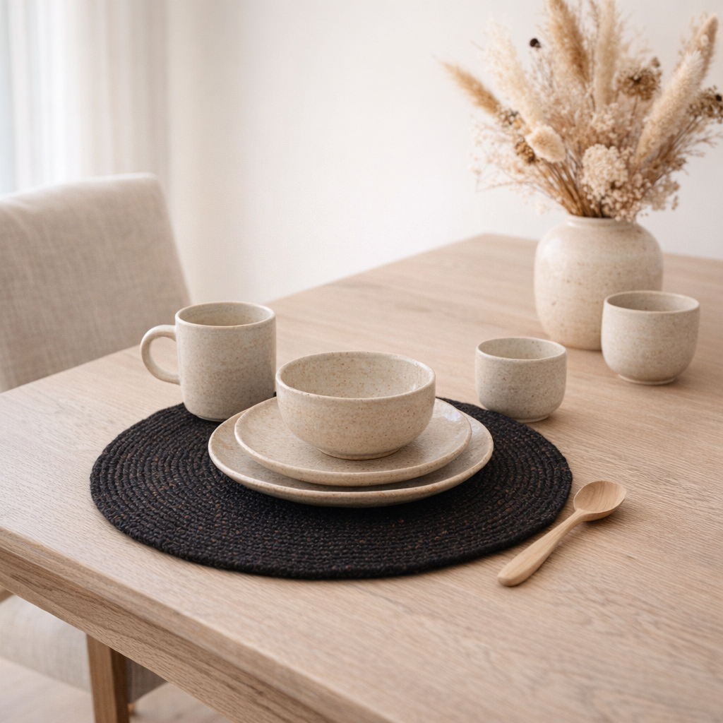 Set de table en coton naturel et noir en situation
