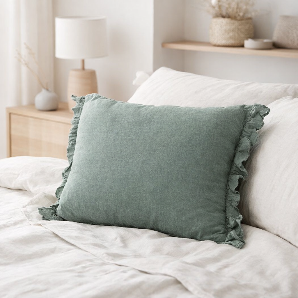 Lin vintage Quirine vieux vert 50x40 en situation