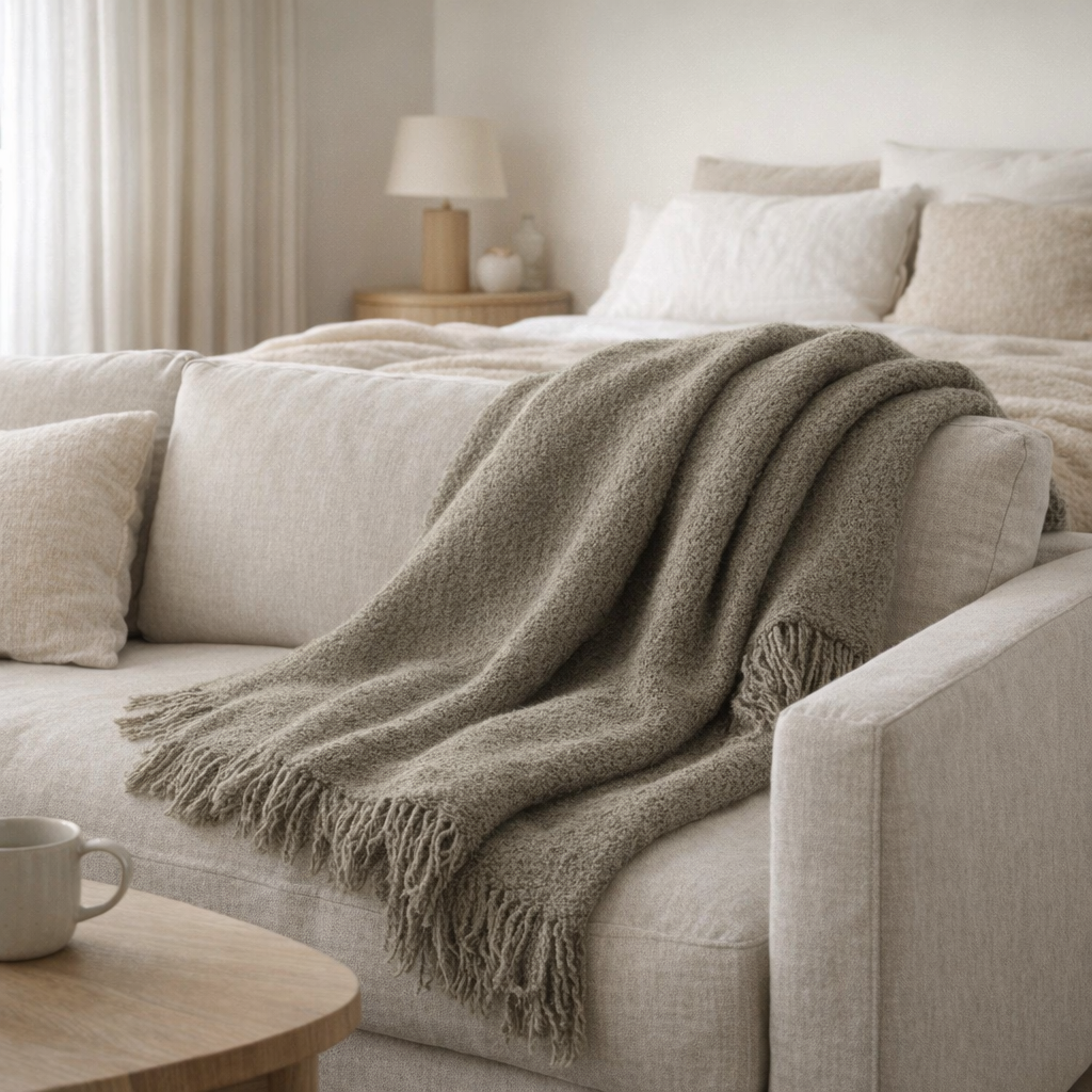 Plaid tricoté gris olive 150x220 en situation